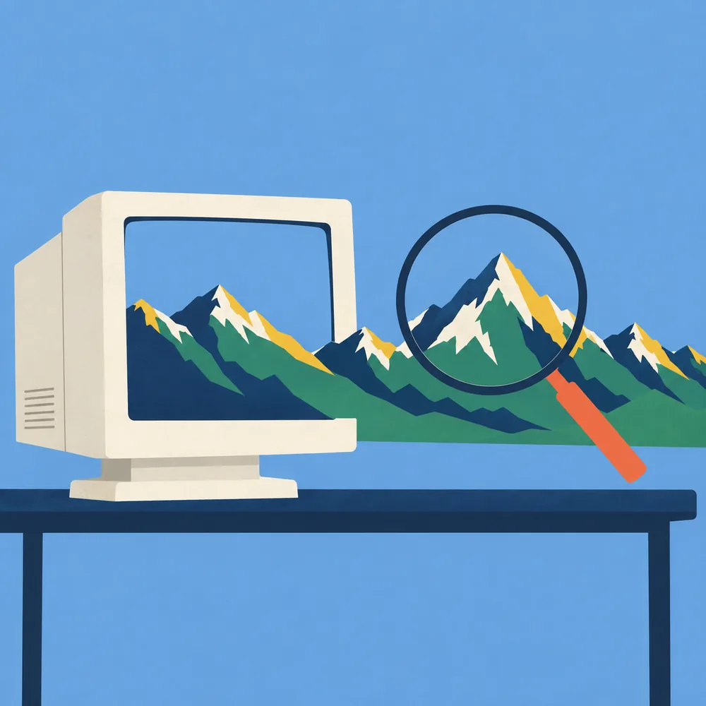 Illustration: Ein alter Röhrenmonitor, aus dem Berge wachsen, davor eine Lupe