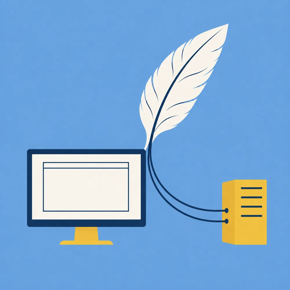 Illustration: Aus einem Computer wächst eine Feder, die zu Kabeln wird