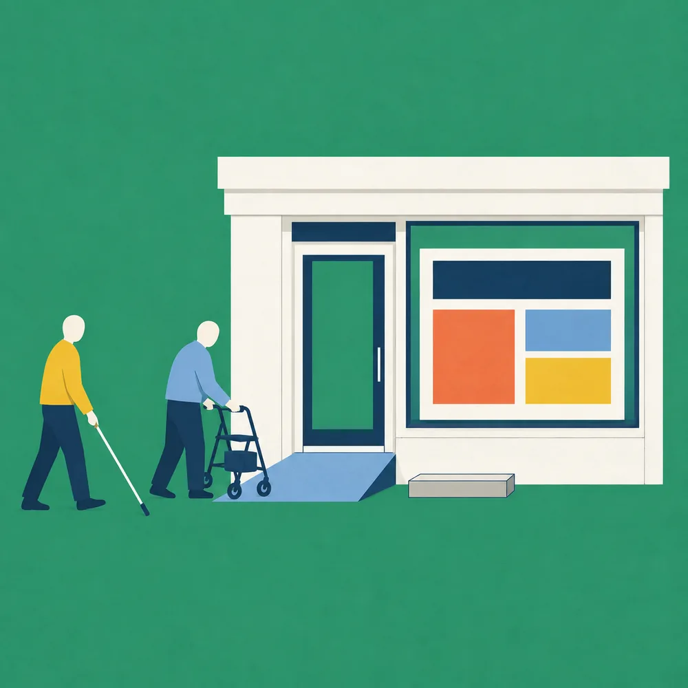 Illustration: Am Eingang eines Ladens wird die Stufe durch eine Rampe ersetzt