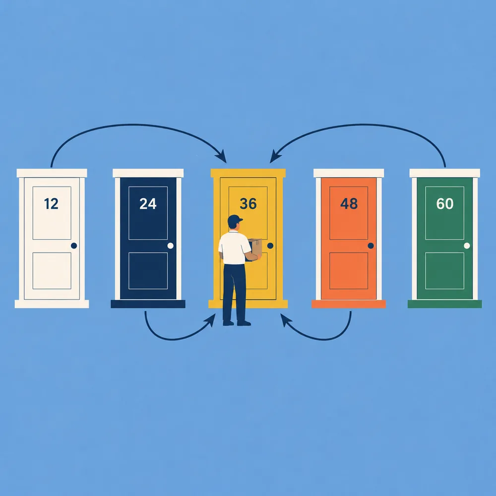 Illustration: Fünf Haustüren in einer Reihe, Pfeile von den äußeren Türen führen zur goldenen mittleren Tür, vor der ein Zusteller mit Paket steht