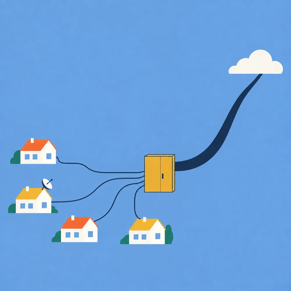 Illustration: Die Kabel mehrerer Häuser laufen in einen gemeinsamen Verteilerkasten