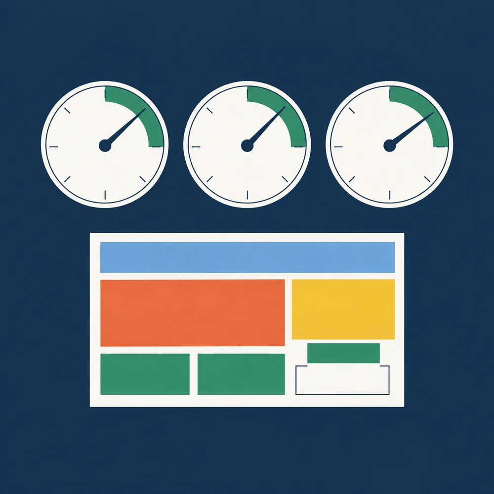 Illustration: Drei Messinstrumente mit Zeigern im grünen Bereich über einer Webseite