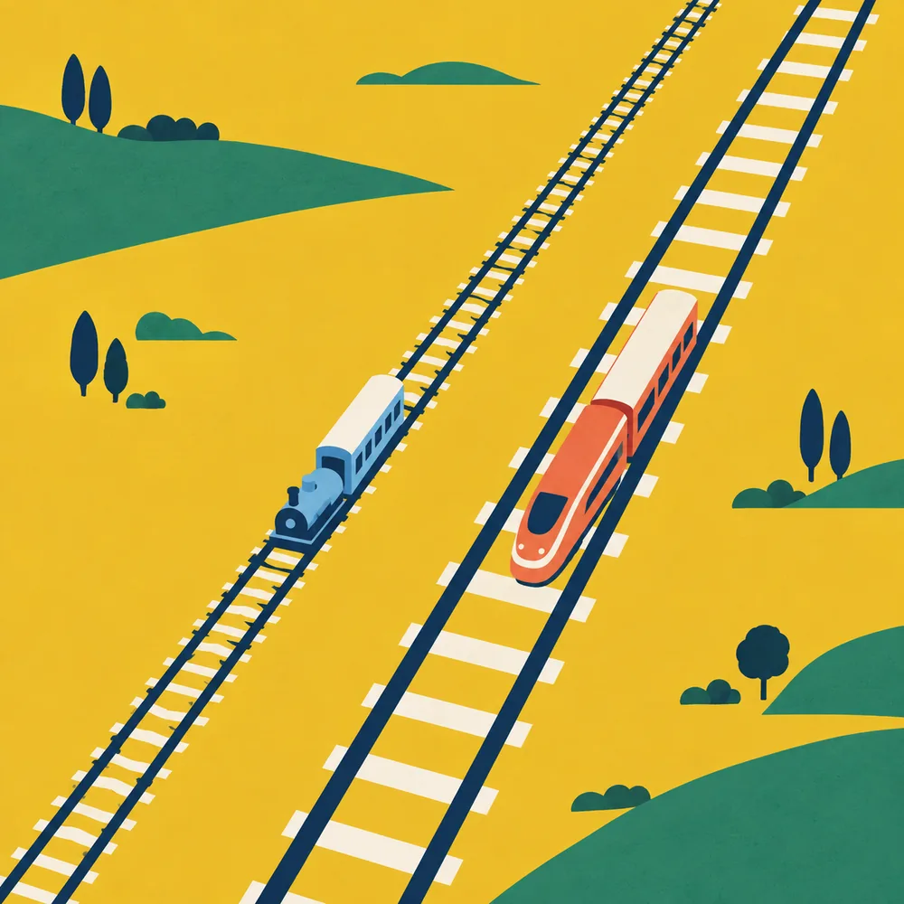 Illustration: Ein altes und ein neues Gleis laufen nebeneinander durch die Landschaft