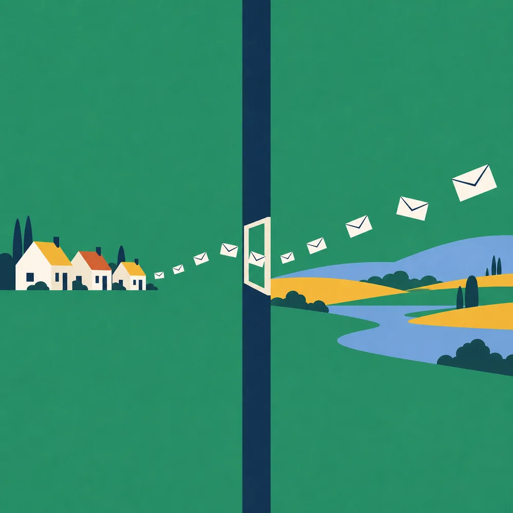 Illustration: Briefe fliegen durch das einzige Tor einer Mauer in die Landschaft