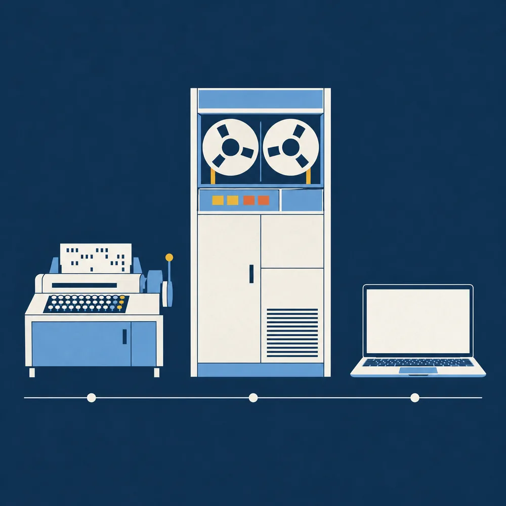 Illustration: Lochkartenmaschine, Großrechner und Laptop nebeneinander wie auf einem Zeitstrahl
