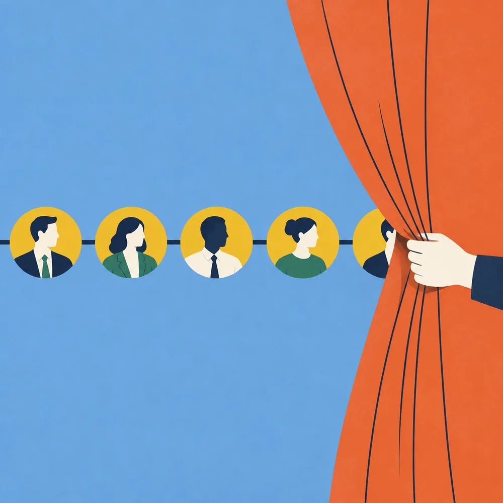 Illustration: Eine Hand zieht einen Vorhang vor eine Reihe von Profilbildern
