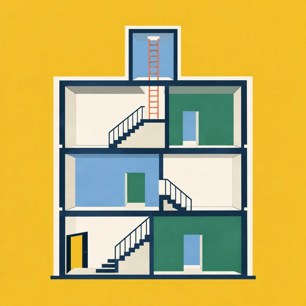 Illustration: Querschnitt eines Gebäudes, dessen Räume über Treppen verbunden sind
