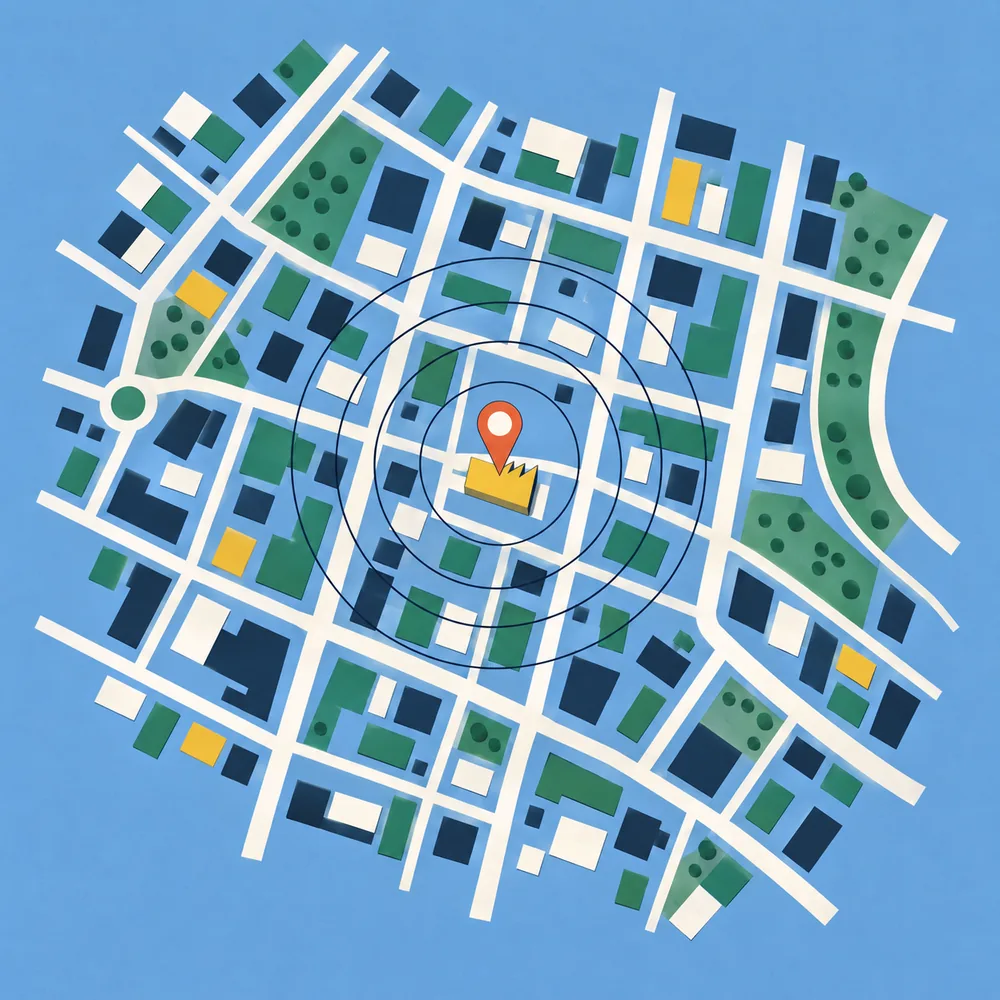 Illustration: Stadtplan mit einer Kartennadel auf einer kleinen Werkstatt