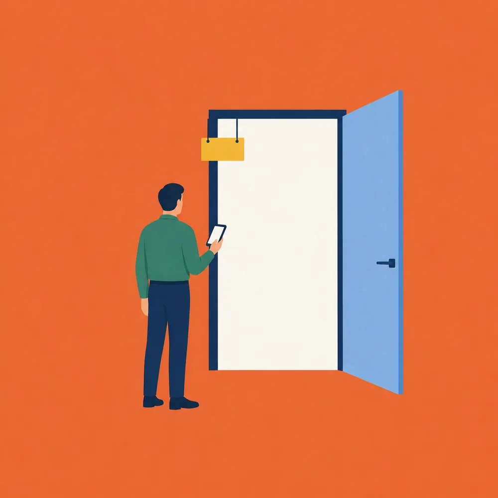 Illustration: Eine Person mit Smartphone vor einer Tür, hinter der nur Wand ist