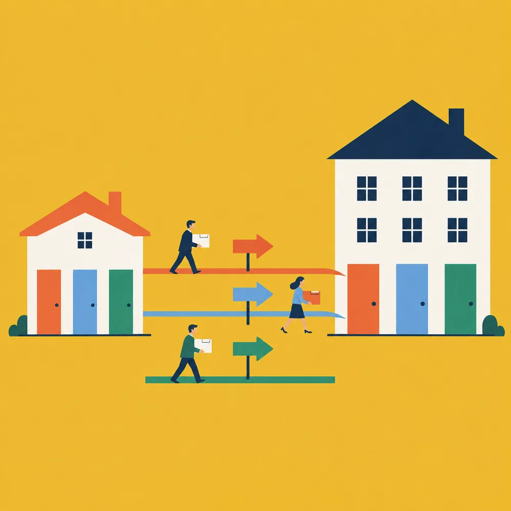 Illustration: Kartons werden vom alten in ein neues Haus getragen, Wegweiser zeigen den Weg