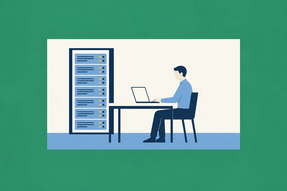 Illustration: Eine Person am Laptop vor einem Serverschrank