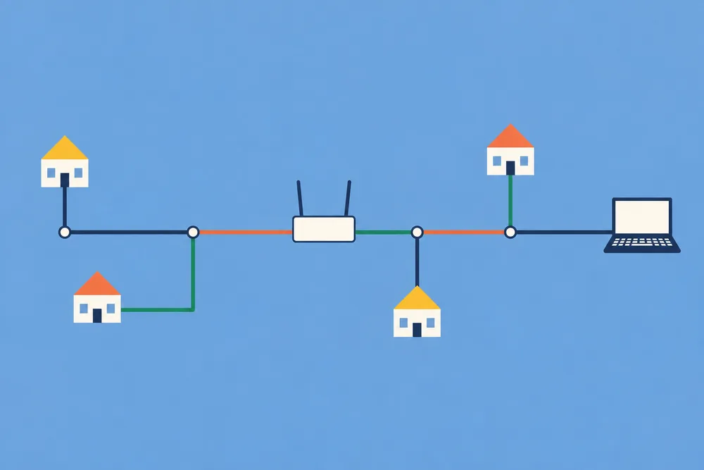 Illustration: Leitungsplan mit Häusern, Router und Laptop