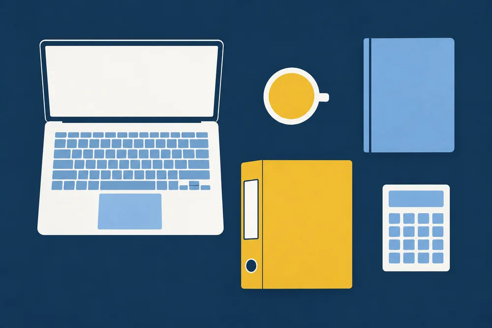 Illustration: Schreibtisch von oben mit Laptop, Tasse, Notizbuch und Ordner