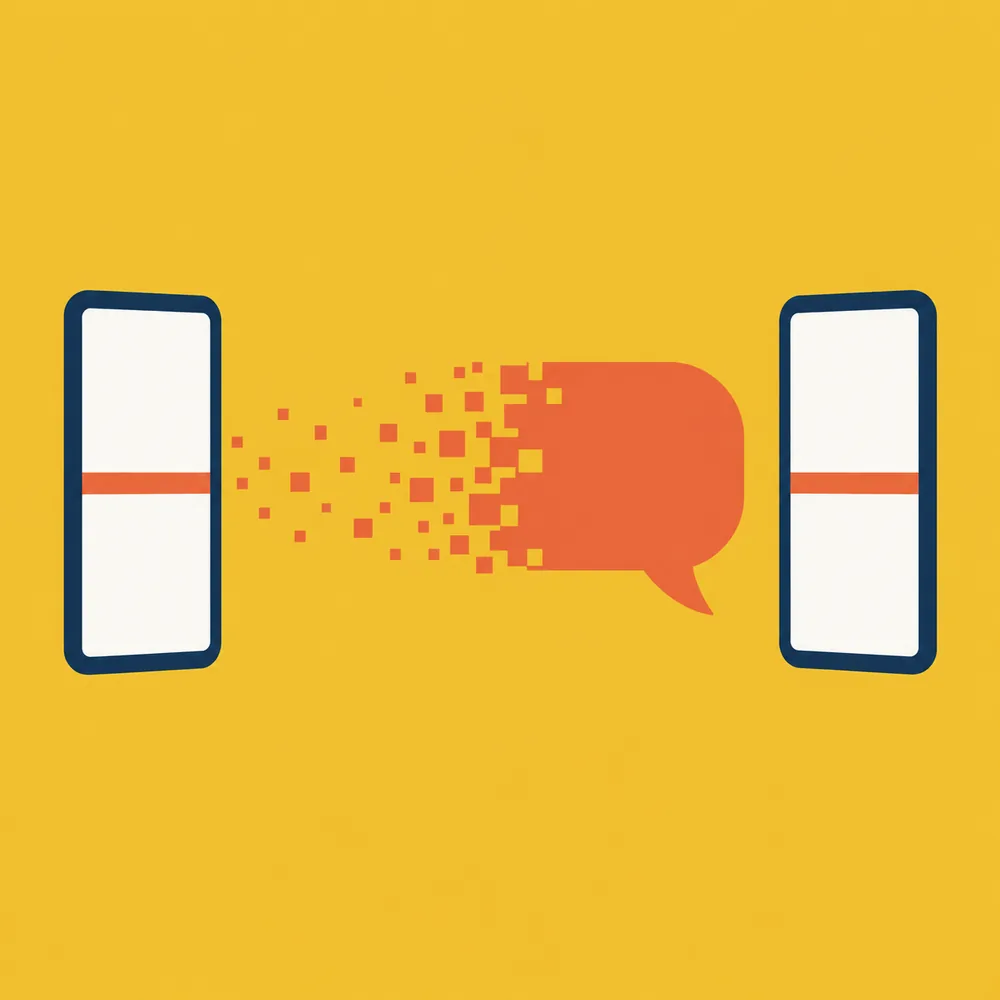 Illustration: Eine Sprechblase zerfällt zwischen zwei Smartphones