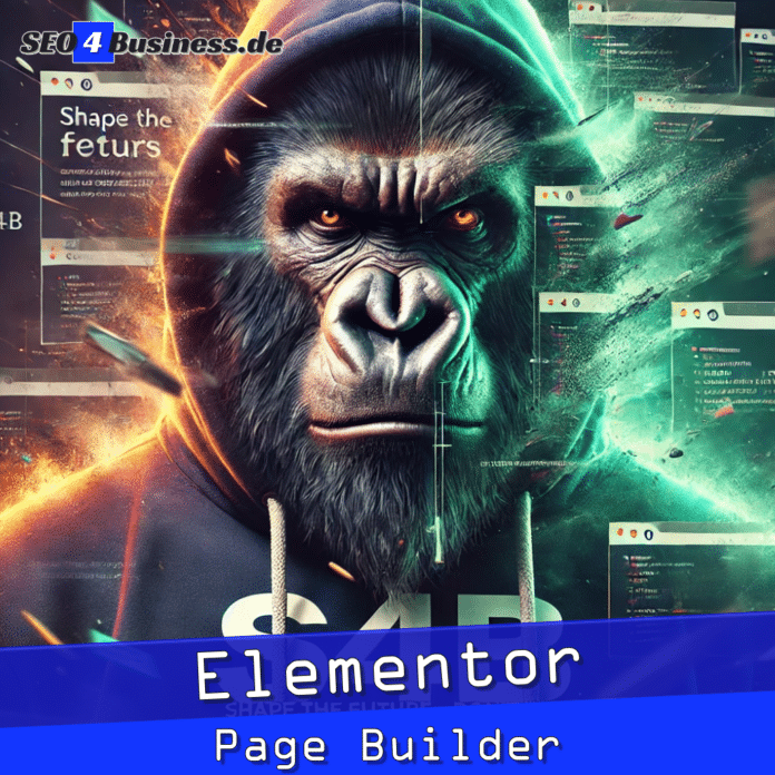 Gorilla im S4B-Hoodie, dramatische Nahaufnahme, inspiriert von Elementor Page Builder