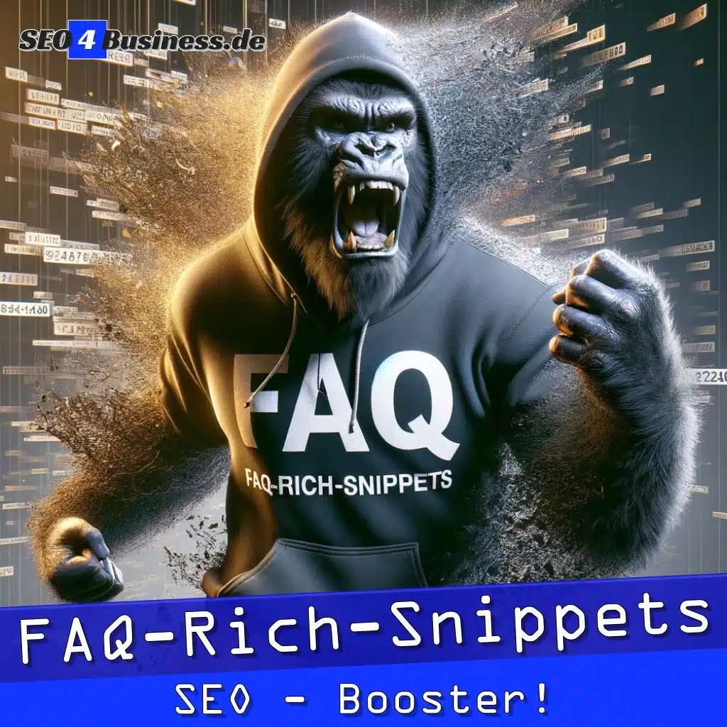 Dynamic gorilla in FAQ hoodie in front of digital FAQ snippets backdrop