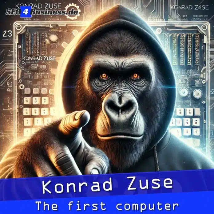 Gorilla im S4B-Hoodie mit Z3-Computer von Konrad Zuse im Hintergrund.