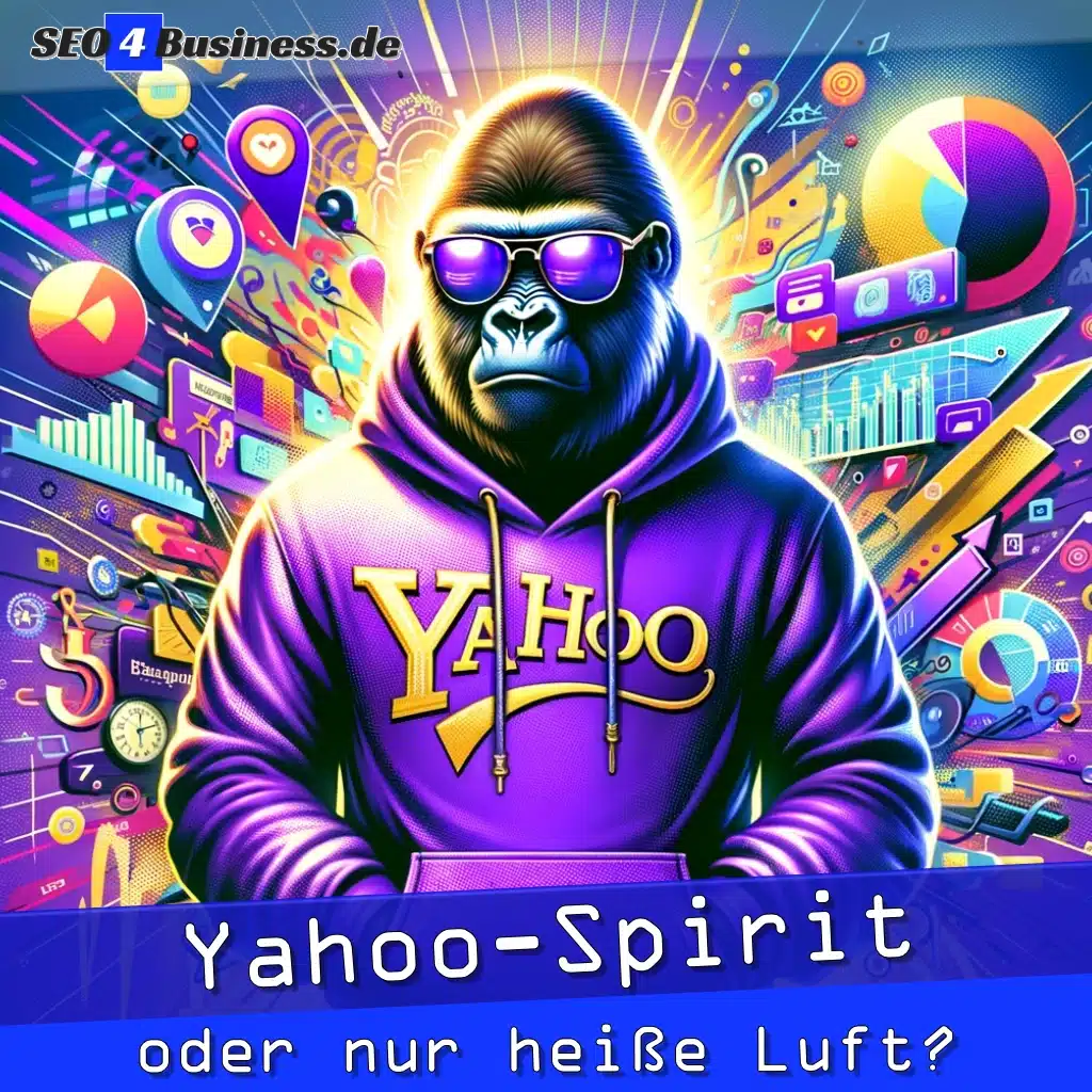 Gorilla in Yahoo-Hoodie vor digitalem Suchmaschinen-Hintergrund.