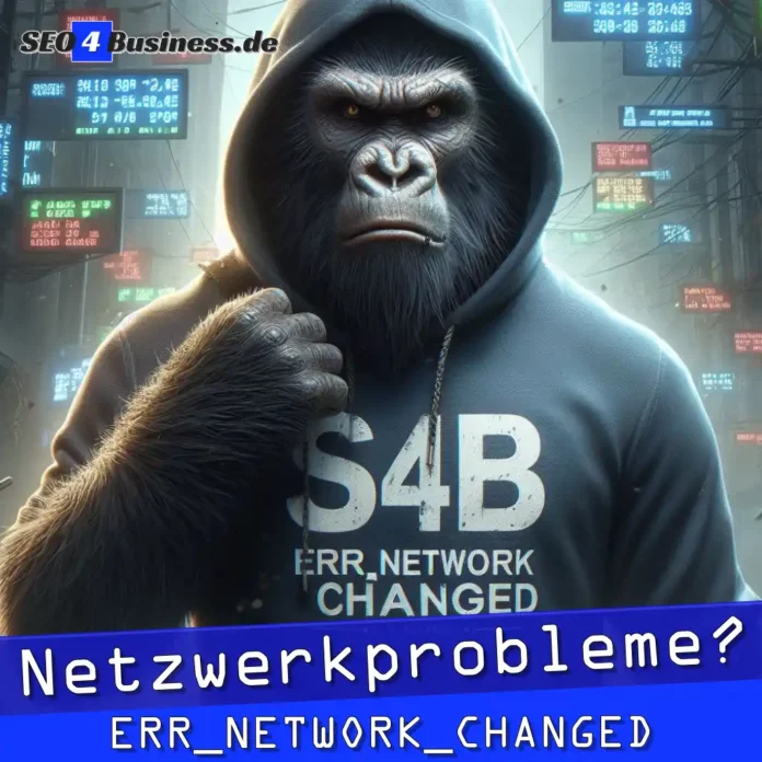 Ein Gorilla in einem Hoodie, der ein Schild mit der Aufschrift ERR_NETWORK_CHANGED hält.