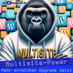 Gorilla im Multisite-Hoodie vor WordPress-Logo