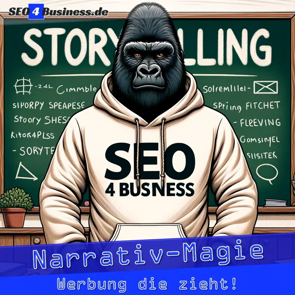 Gorilla mit 'SEO4BUSINESS' Hoodie, Hintergrund zeigt Storytelling-Elemente.
