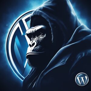 Gorilla im Hoodie vor WordPress Logo