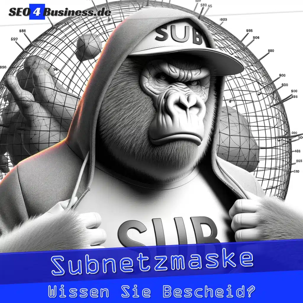Illustration eines Gorillas mit 'Sub' Hoodie vor digitaler Subnetzmaske.