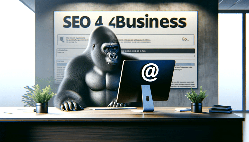 A focused gorilla at an office workstation, engaging with a computer screen that highlights the '@' symbol in an email interface. The background subtly features 'SEO4BUSINESS', integrating it naturally into the office environment.