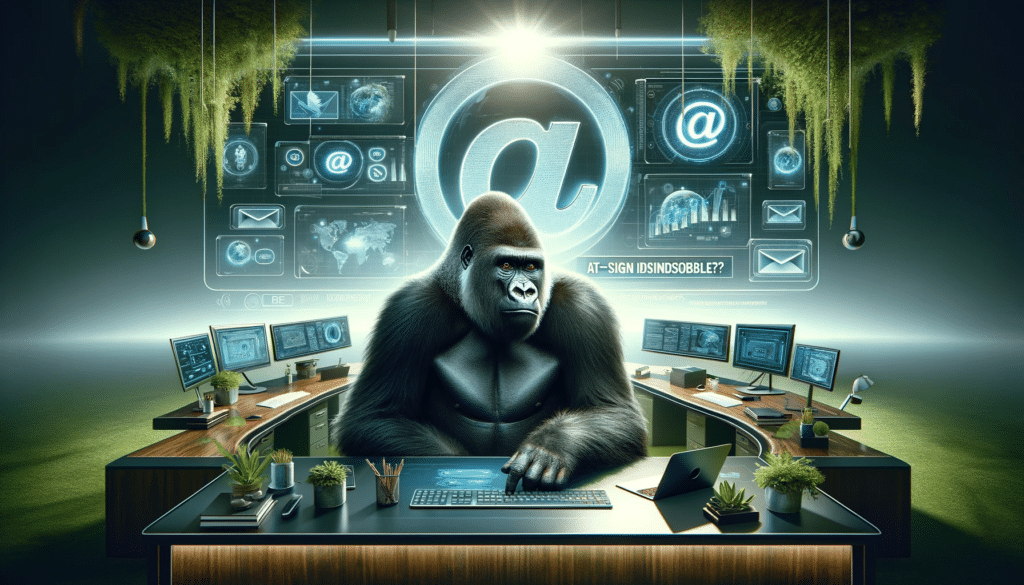 Realistic gorilla seated at a desk, intently using a computer with an email application open, showcasing the '@' symbol. In the softly lit office background, the phrase 'SEO4BUSINESS' is subtly visible, blending seamlessly into the scene.