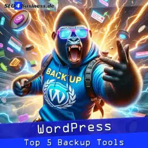 Dynamischer Gorilla mit Backup-Hoodie vor WordPress Tools.