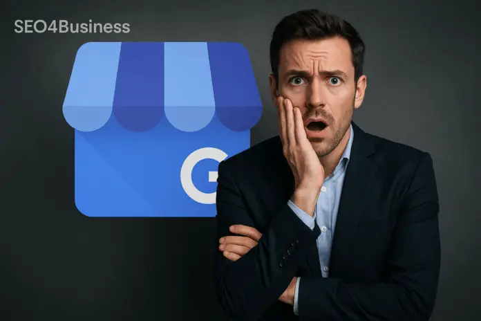 Ein überraschter Geschäftsmann steht vor dem Google My Business Logo – Ausdruck von Dringlichkeit und Relevanz.