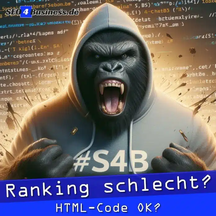 Gorilla in einem S4B-Hoodie, der HTML-Code analysiert