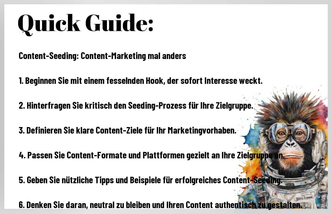 Vergessen Sie alles, was Sie über Content-Marketing wissen! Content-Seeding sprengt alle Grenzen und katapultiert Ihre Reichweite in ungeahnte Höhen. Wie funktioniert diese revolutionäre Strategie? Ich verrate Ihnen die Geheimnisse, die Ihre Konkurrenz alt aussehen lassen. Mit den richtigen Kniffen setzen Sie Ihr Marketing blitzschnell an die Spitze. Neugierig, wie Content-Seeding Ihre Sichtbarkeit explodieren lässt? Tauchen Sie ein in diese bahnbrechende Methode und erleben Sie den Unterschied!