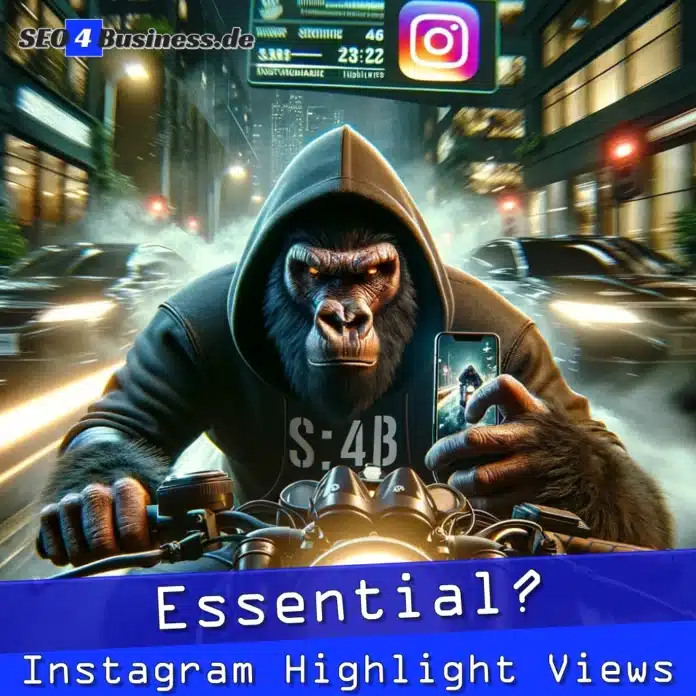 Gorilla auf einem Motorrad nimmt ein Selfie auf, das Instagram Highlights zeigt.