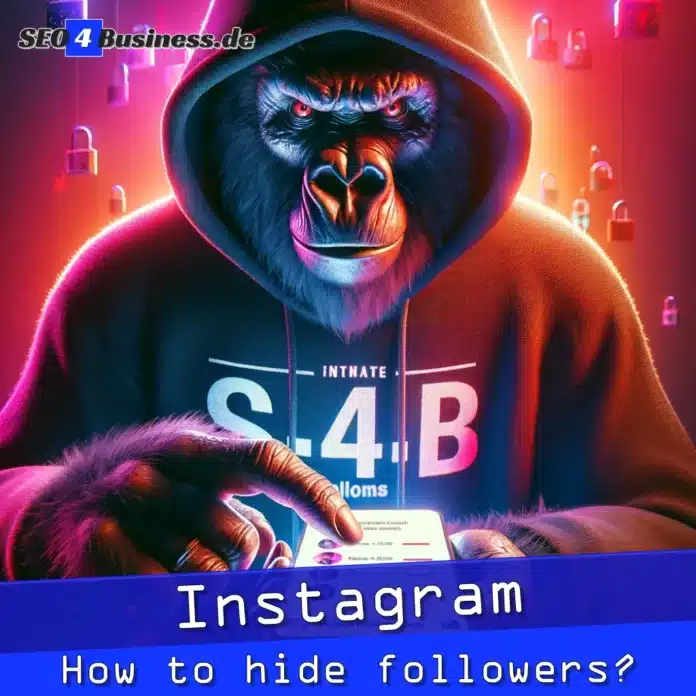 Gorilla gibt Tipps, wie man auf Instagram Follower verbergen kann, mit Smartphone und dramatischem Hintergrund.
