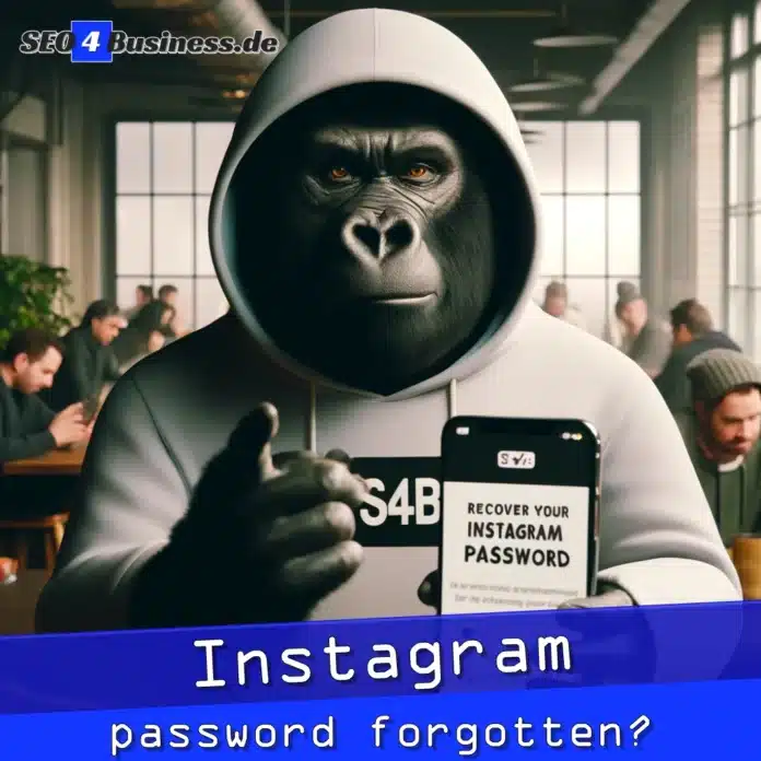 Gorilla zeigt auf Smartphone mit Anleitung zum Zurücksetzen des Instagram-Passworts in einem Café.