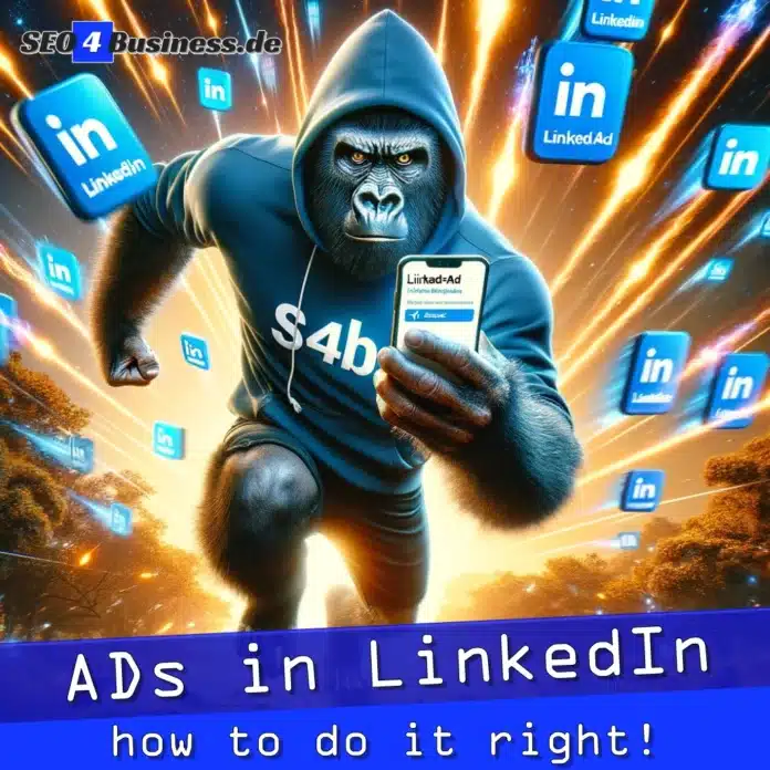 Gorilla in einem [S4B] Hoodie, gestaltet digitale LinkedIn-Ads.