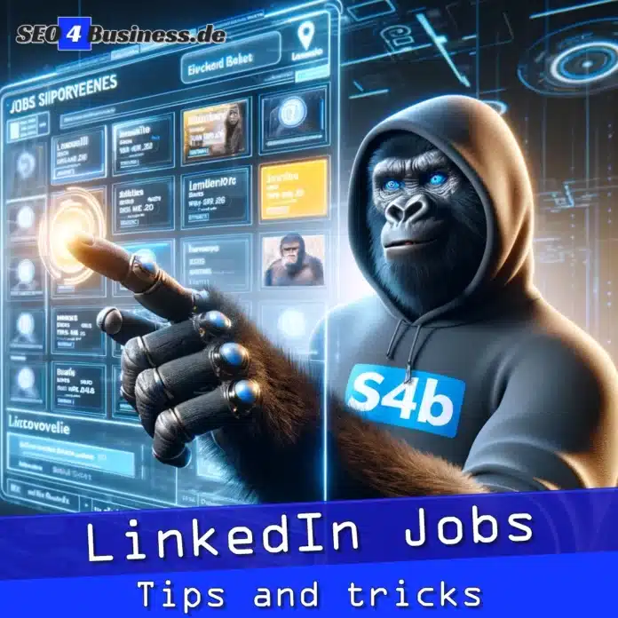 Gorilla am Computer zeigt auf LinkedIn Jobangebote.