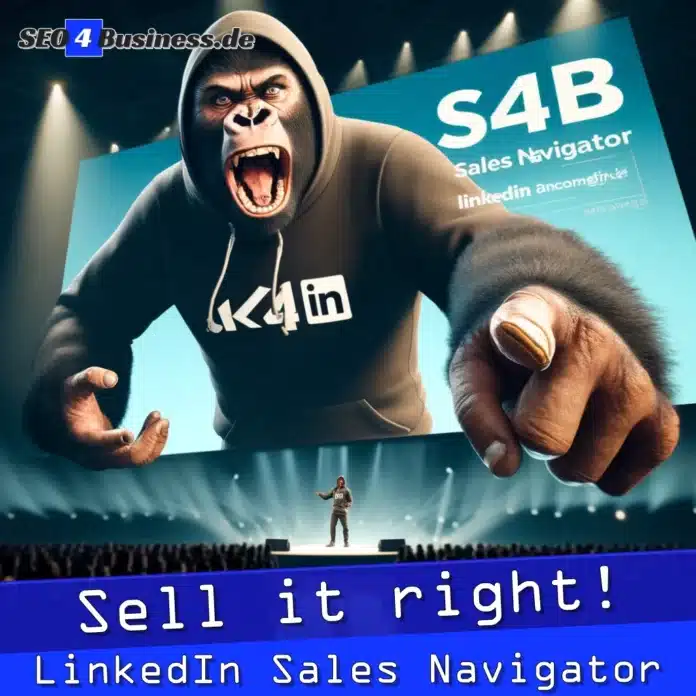 Gorilla in einem S4B-Hoodie präsentiert energisch den LinkedIn Sales Navigator auf einer Bühne.