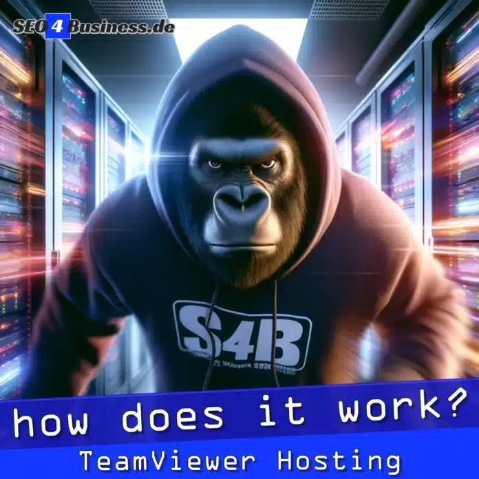 Gorilla im S4B-Hoodie richtet TeamViewer auf einem Laptop ein.