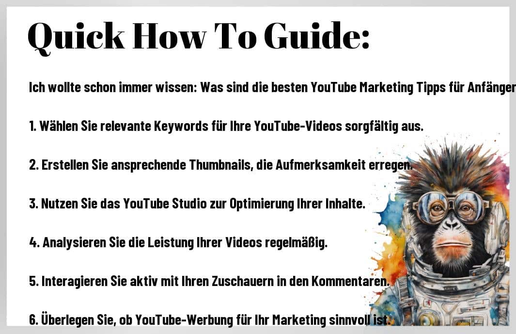 Wollen Sie wissen, wie Sie mit YouTube-Marketing richtig durchstarten? Ich teile mit Ihnen die besten Tipps, die auch Anfängern helfen, schnell Erfolg zu haben. Vom Erstellen packender Inhalte über clevere Keyword-Nutzung bis zu mehr Abonnenten – hier erfahren Sie alles, was Sie benötigen, um Ihren Kanal groß herauszubringen. Lassen Sie uns gemeinsam Ihre YouTube-Reise beginnen und Ihre Videos in den Mittelpunkt rücken. Profitieren Sie von meiner Erfahrung und entdecken Sie die Geheimnisse erfolgreichen YouTube-Marketings!