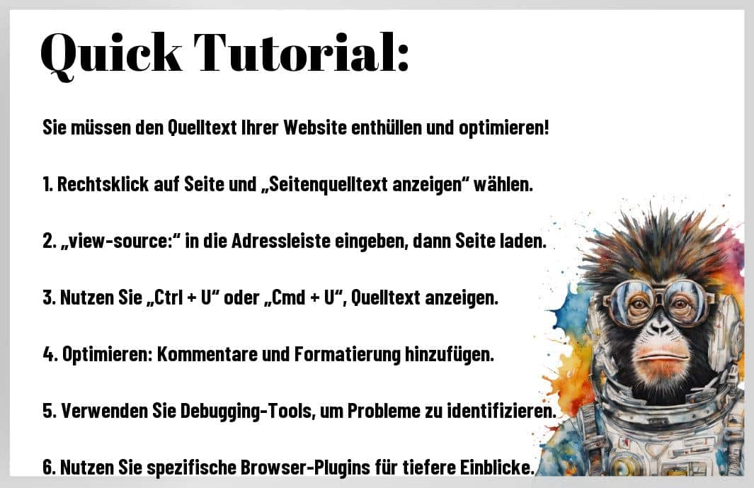 Der Quelltext Ihrer Website ist das versteckte Herzstück Ihrer Online-Präsenz! Haben Sie sich jemals gefragt, wie Sie ihn optimieren können? Mit meinen Tipps und Tricks bringen Sie Ihre Seite zum Strahlen. Ich zeige Ihnen, wie Sie den Quelltext Ihrer Website aufdecken und optimieren, um die Performance zu steigern und Ihren Besuchern ein besseres Erlebnis zu bieten. Lassen Sie uns gemeinsam das Potenzial Ihrer Website voll ausschöpfen!