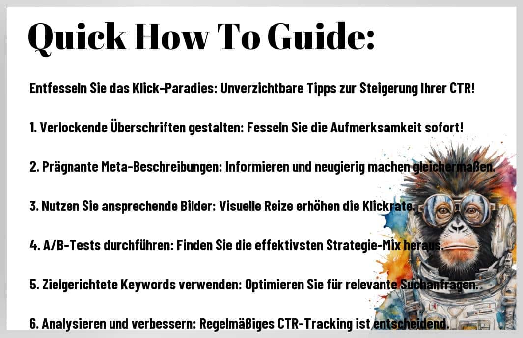 Erfahren Sie, wie Ihre Klickrate durch einfache Tricks in die Höhe schnellt! In meiner Arbeit als Online-Marketing-Profi habe ich Techniken entdeckt, die wirklich funktionieren. Mit diesen Geheimnissen bringen Sie mehr Besucher auf Ihre Seite und machen Ihre Kampagnen unwiderstehlich. Die besten Tipps und Kniffe verrate ich Ihnen hier – so holen Sie das Maximum aus Ihren Marketingmaßnahmen heraus!