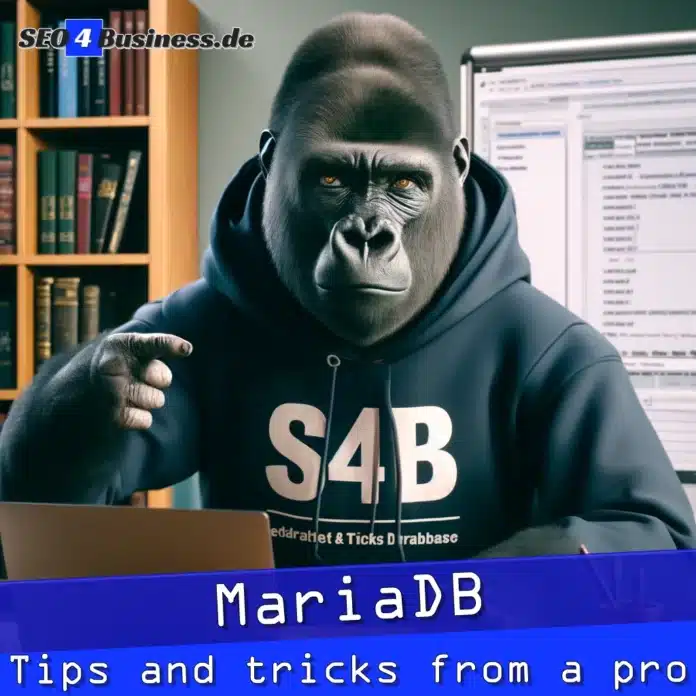 Gorilla im Hoodie zeigt auf MariaDB Laptop