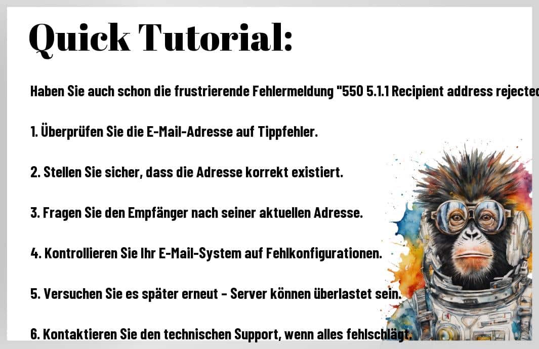 Ihre E-Mail wird abgelehnt, und der Fehlercode [550 5.1.1 Recipient address rejected] taucht auf. Wissen Sie, was das bedeutet? Viele ignorieren diesen Hinweis – ein fataler Fehler! Sie könnten wertvolle Geschäftsmöglichkeiten verpassen. Erfahren Sie, warum dieser Code erscheint und wie Sie das Problem sofort lösen können, bevor Ihre E-Mails im digitalen Nirvana verschwinden. Wollen Sie wirklich riskieren, dass Ihre wichtigen Nachrichten nicht ankommen?