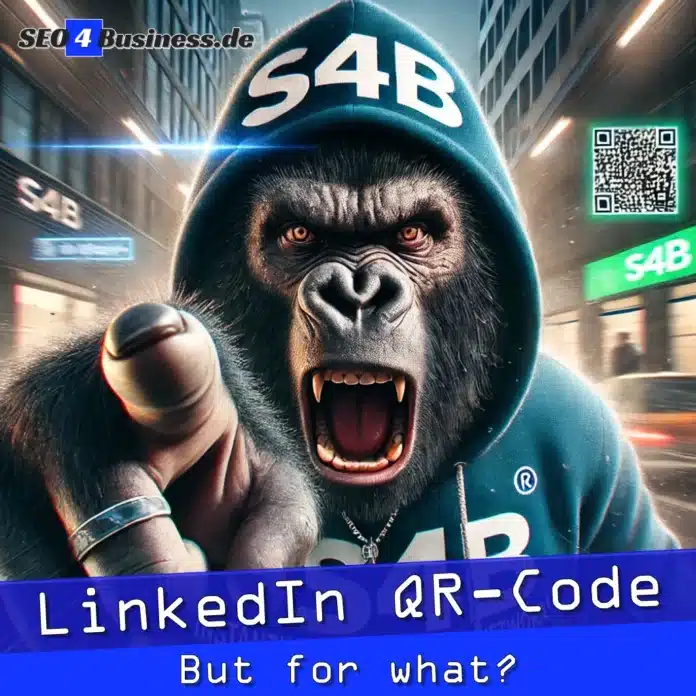 Gorilla im S4B-Hoodie zeigt LinkedIn QR-Code.