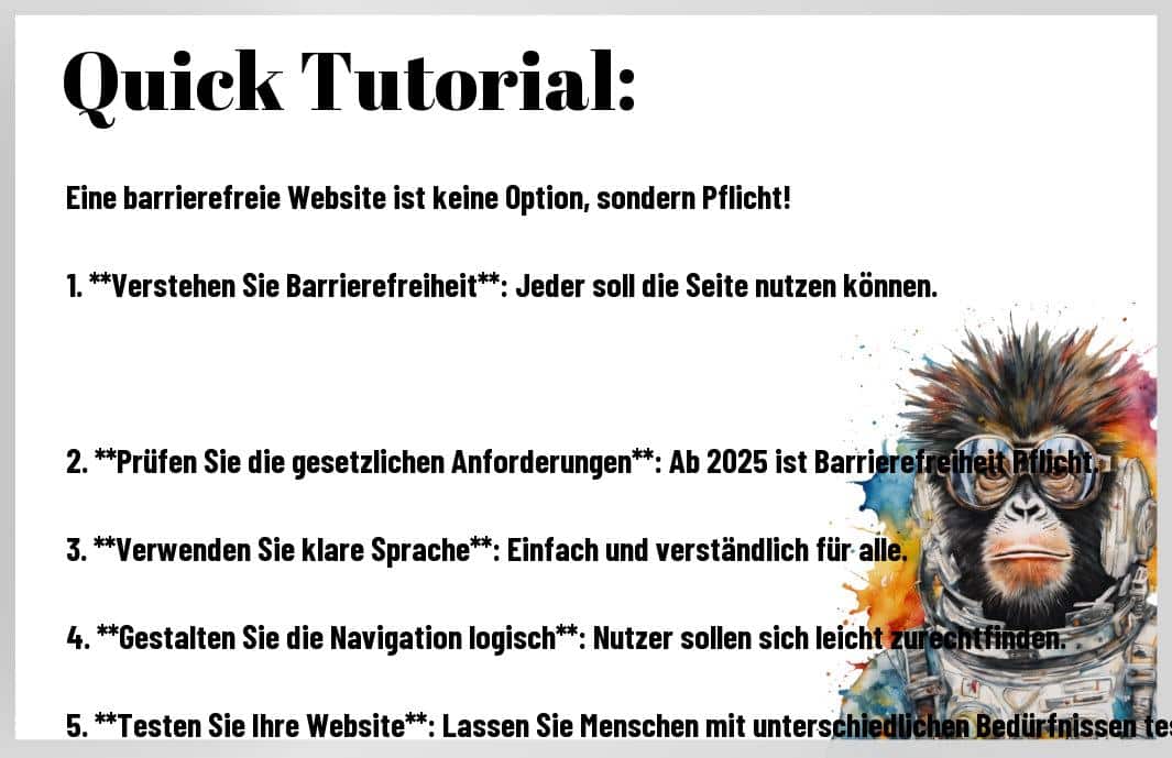 Eine barrierefreie Website ist der Schlüssel, um keinen potenziellen Besucher zu verlieren. Stellen Sie sich vor, wie viele Menschen Ihre Seite verlassen könnten, weil sie nicht zugänglich ist. Möchten Sie diese Chance wirklich verpassen? Erfahren Sie, wie Sie Ihre Website so gestalten, dass wirklich jeder sie nutzen kann. Verpassen Sie nicht die Gelegenheit, Ihr Publikum zu erweitern und dabei gleichzeitig gesetzliche Vorgaben zu erfüllen. Lassen Sie andere den Fehler machen – sorgen Sie dafür, dass Ihre Seite keine Barrieren hat.