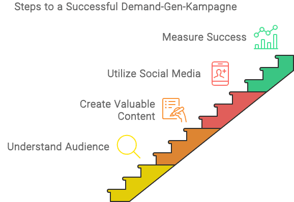 Stufenmodell für erfolgreiche Demand-Gen-Kampagnen mit den Schritten: Zielgruppe verstehen, wertvolle Inhalte erstellen, Social Media nutzen, Erfolg messen.