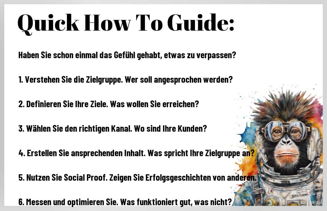 Ohne eine gut durchdachte Demand-Gen-Kampagne riskieren Sie, wertvolle Kunden an die Konkurrenz zu verlieren. Verpassen Sie die Chance, Ihre Zielgruppe gezielt anzusprechen und Ihren Umsatz drastisch zu steigern. Ihr Erfolg hängt davon ab, ob Sie jetzt handeln oder abwarten, während andere Sie überholen. Nehmen Sie die Zügel in die Hand, bevor es zu spät ist!