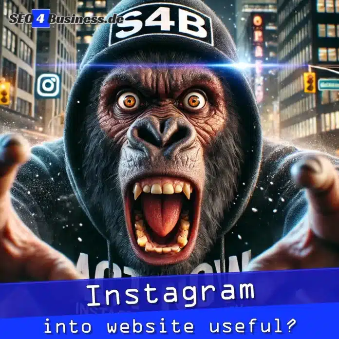 Gorilla in einem Hoodie mit S4B-Logo, umgeben von Stadtlichtern und Instagram-Icon